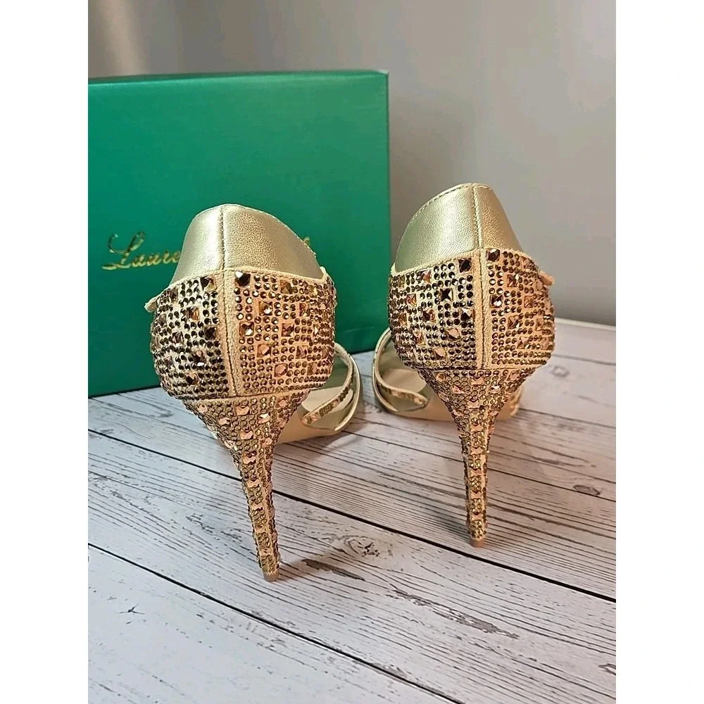 Lauren Lorraine Daisey Gold Rhinestone Heels Evening Party Holiday Sparkle Sz 11